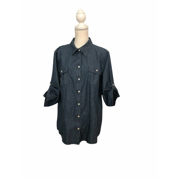 Croft & Barrow Woman XL Chambray Blue Button Down 2 Pockets Front 3/4 Sleeve - Picture 3 of 8